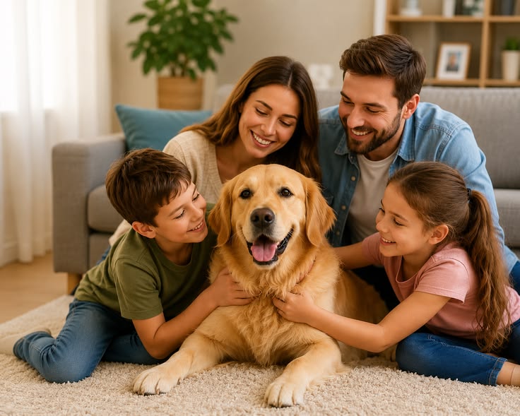 Una famiglia con il proprio cane in casa